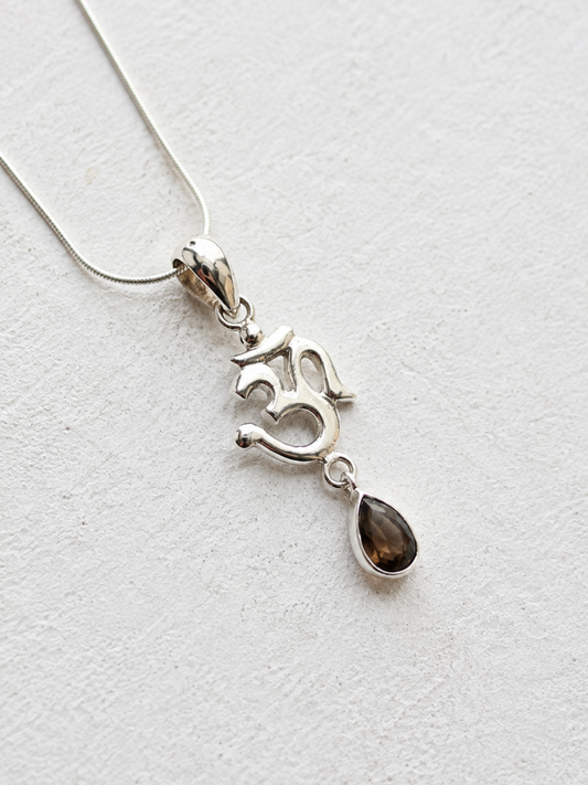 Smoky Topaz Om Pendant in 925 Sterling Silver