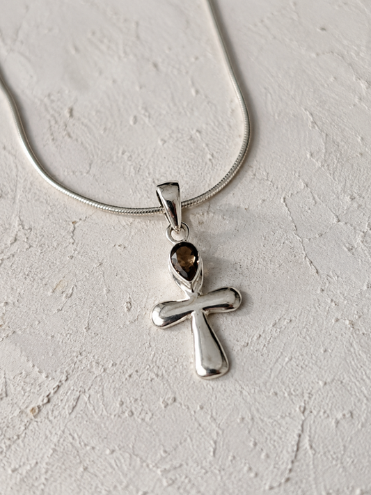 Smoky Topaz Cross Pendant in 925 Sterling Silver