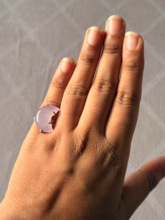 Moon Gemstone Ring in 925 Sterling Silver | Handmade Crescent Crystal Statement Ring | Rose Quartz & Tiger's Eye