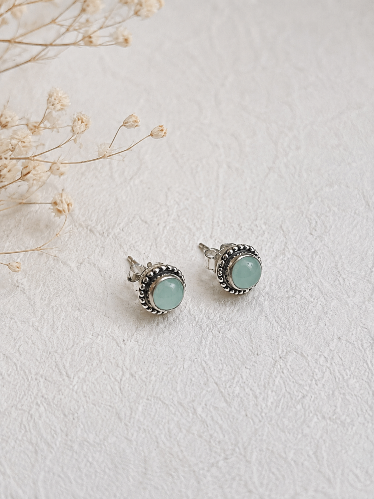 Blue Chalcedony Rope Halo Stud Earrings in 925 Silver