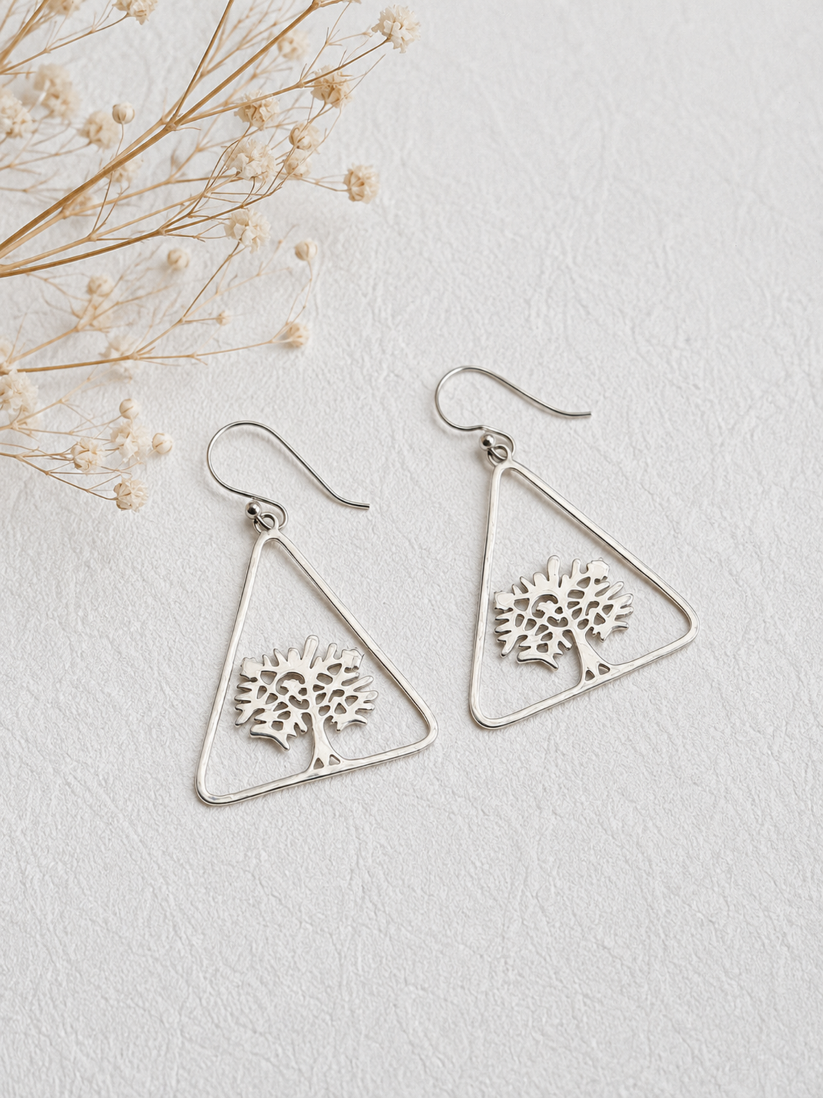 Tree of Life Triangle Dangle Earrings in 925 Silver