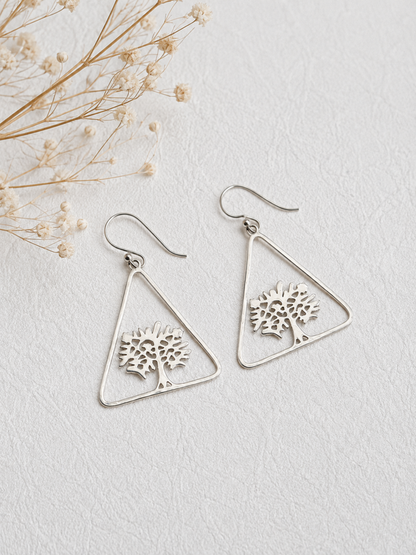 Tree of Life Triangle Dangle Earrings in 925 Silver