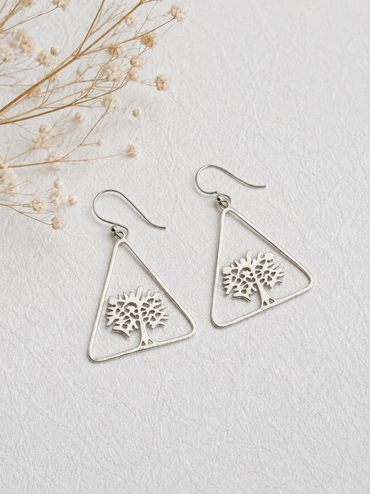 Tree of Life Triangle Dangle Earrings in 925 Silver