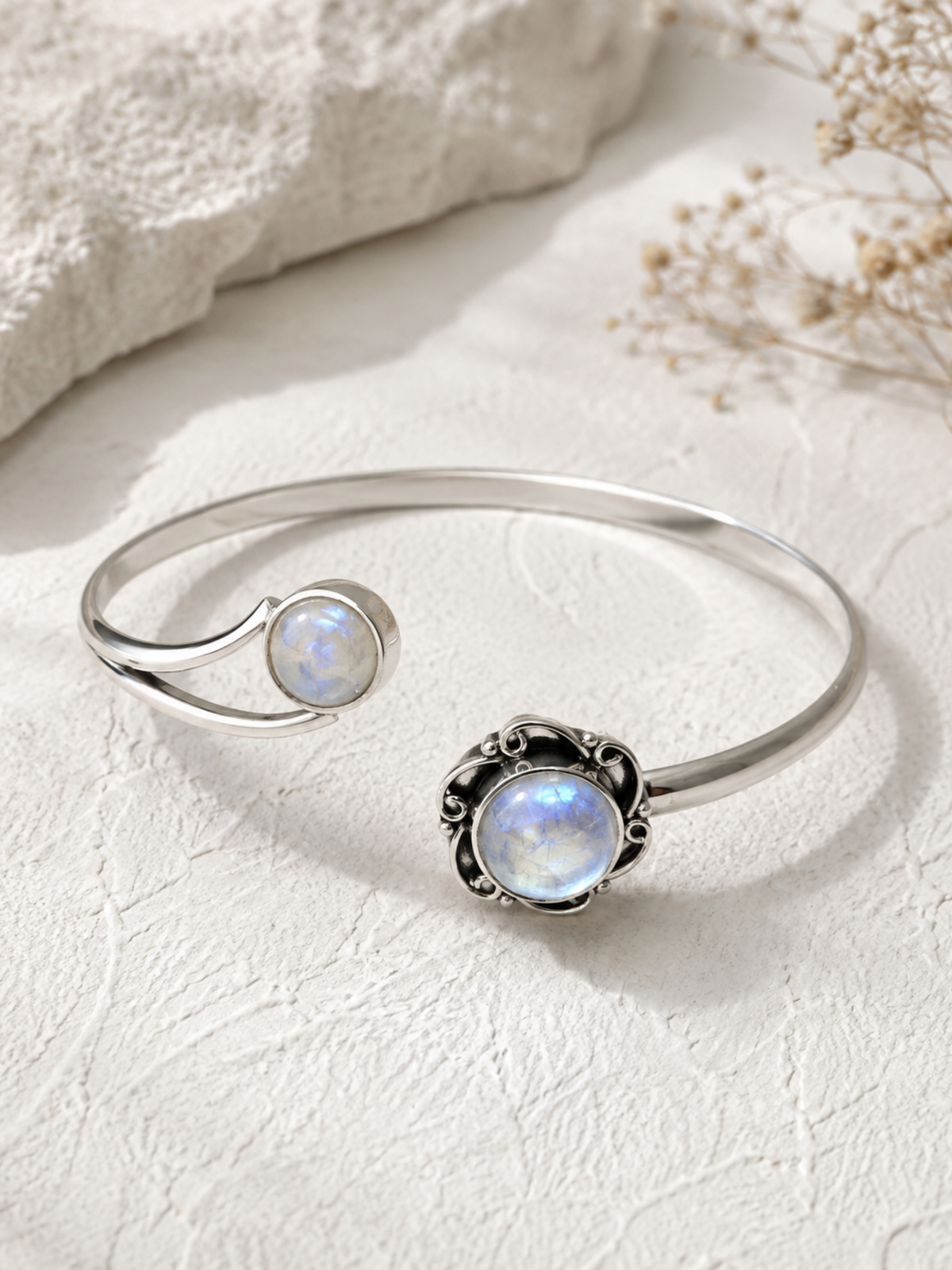 Rainbow Moonstone Open Bangle in 925 Sterling Silver Ð June Birthstone