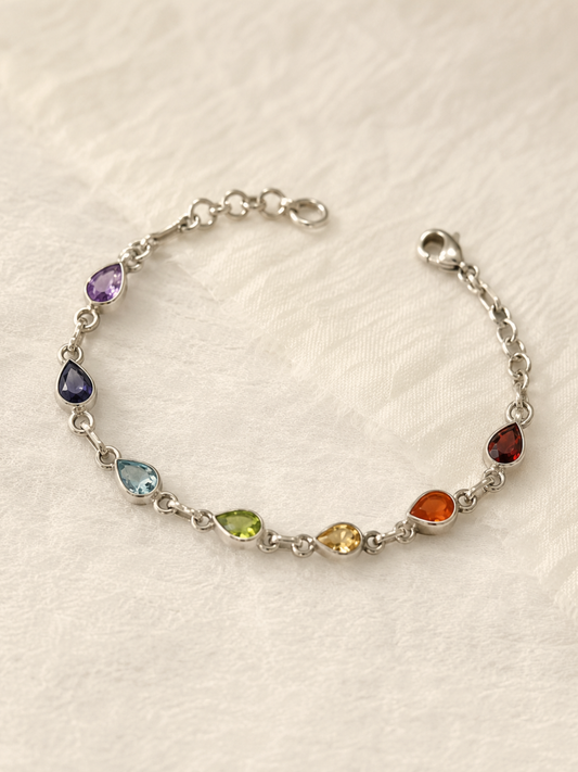Seven Chakra Gemstone Bracelet in 925 Sterling Silver Ð Multicolor Teardrop