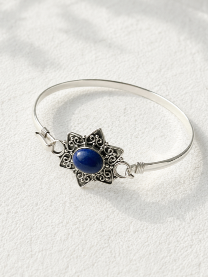 Lapis Lazuli Floral Bangle in 925 Sterling Silver Ð Adjustable Blue Gemstone
