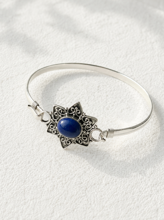 Lapis Lazuli Floral Bangle in 925 Sterling Silver Ð Adjustable Blue Gemstone