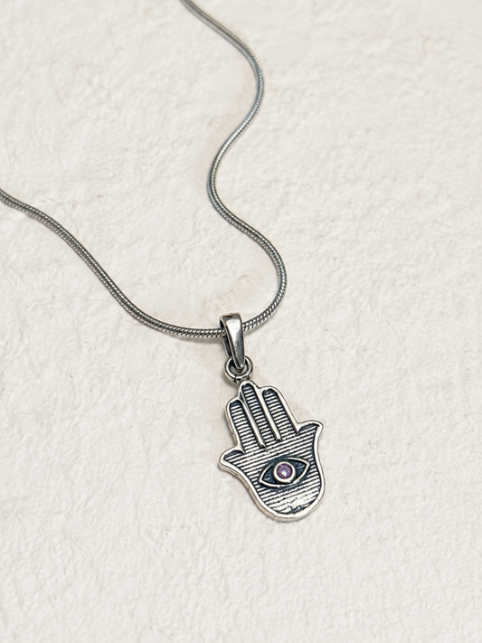 Amethyst Hamsa Hand Pendant in 925 Sterling Silver