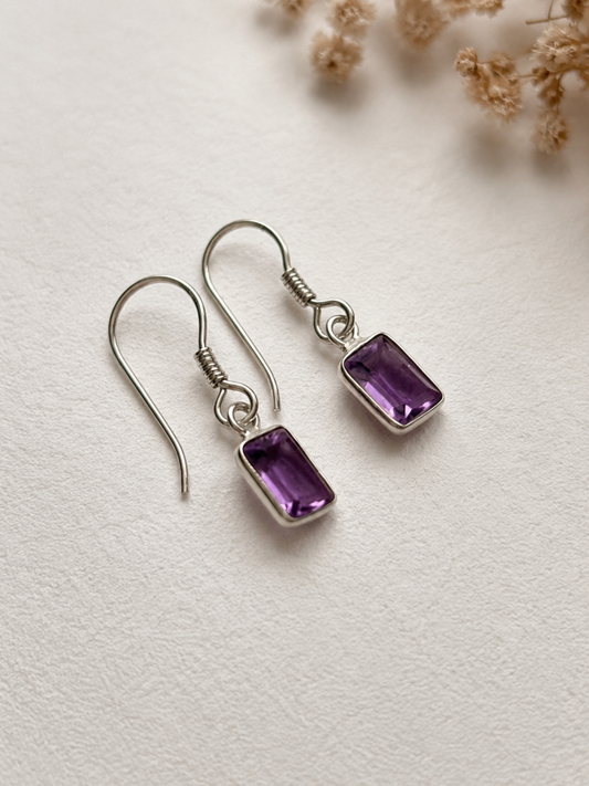 Amethyst Rectangle Drop Earrings in 925 Silver