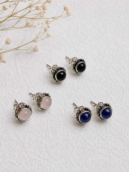 Ornate Round Gemstone Stud Earrings in 925 Silver