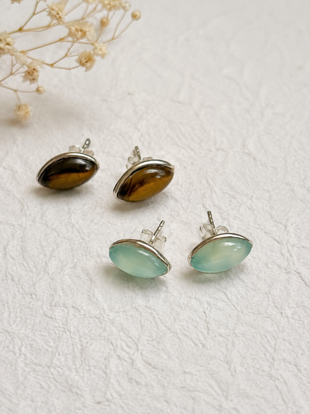 Oval Cabochon Gemstone Stud Earrings in 925 Silver