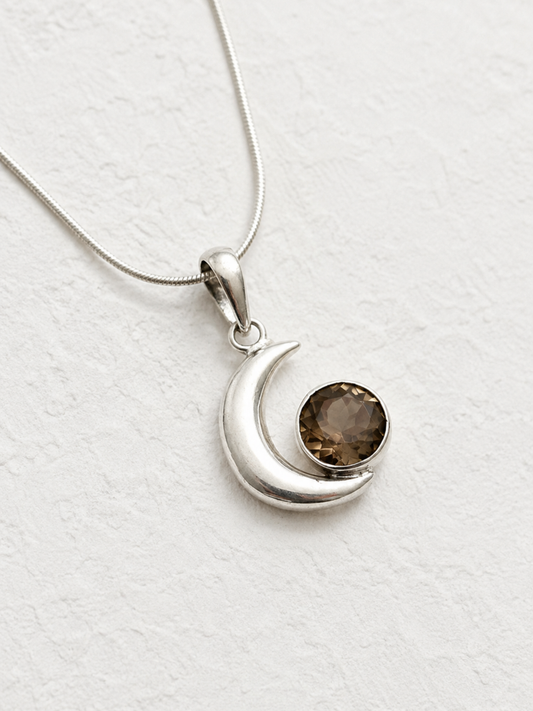Smoky Topaz Crescent Moon Pendant in 925 Sterling Silver