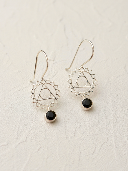 Black Onyx Chakra Mandala Dangle Earrings in 925 Silver