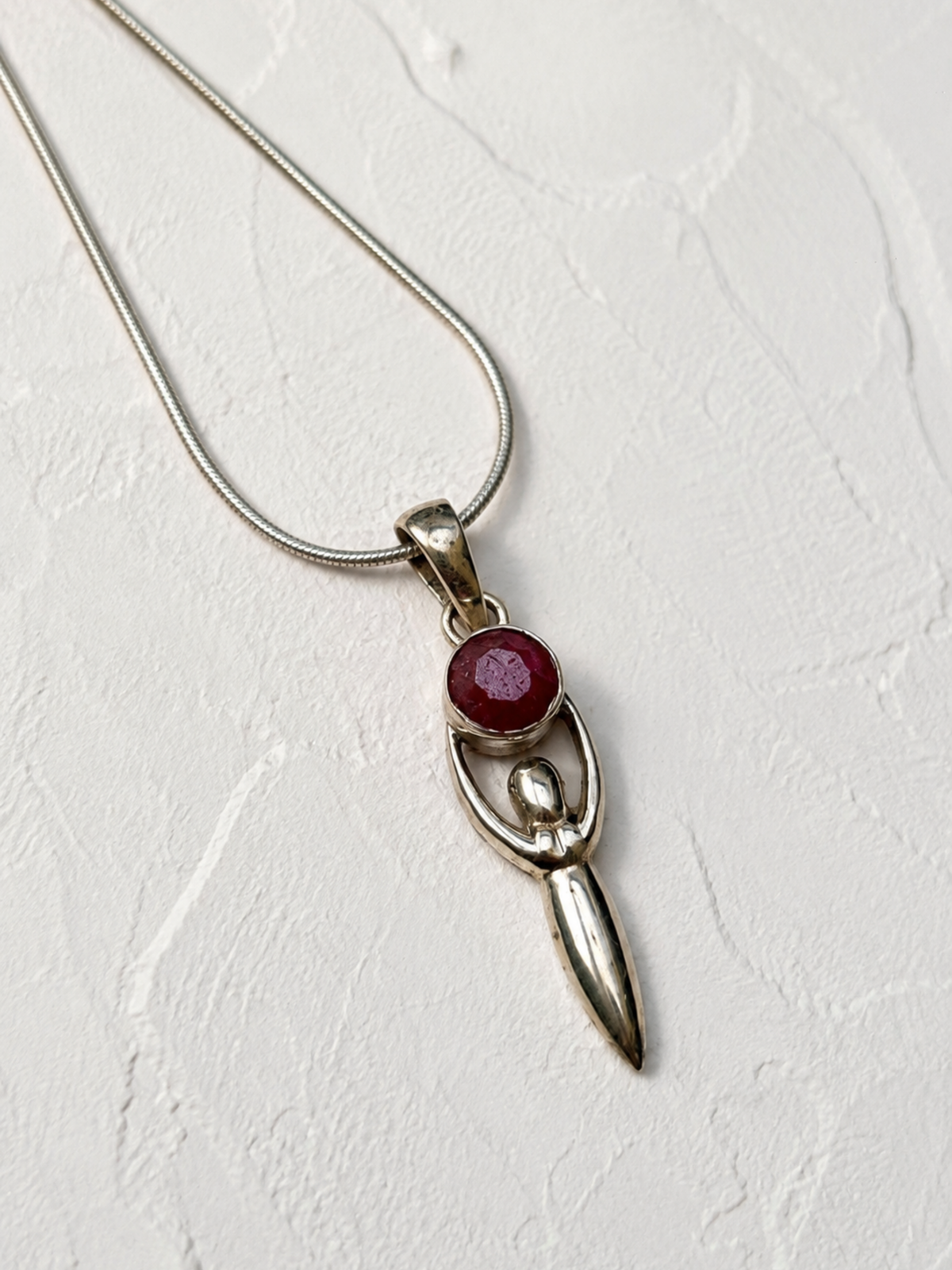 Red Corundum Goddess Pendant in 925 Sterling Silver