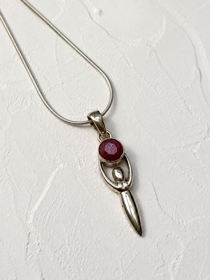 Red Corundum Goddess Pendant in 925 Sterling Silver