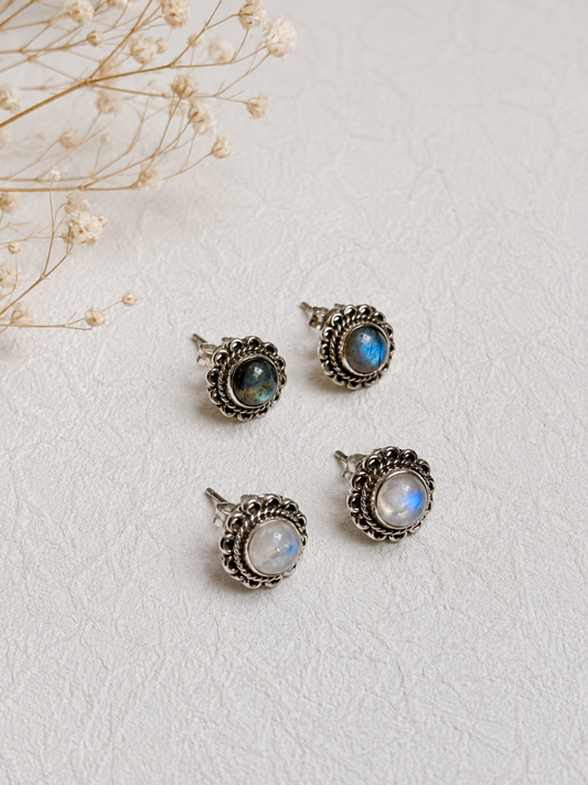 Ornate Labradorite & Rainbow Moonstone Stud Earrings in 925 Silver