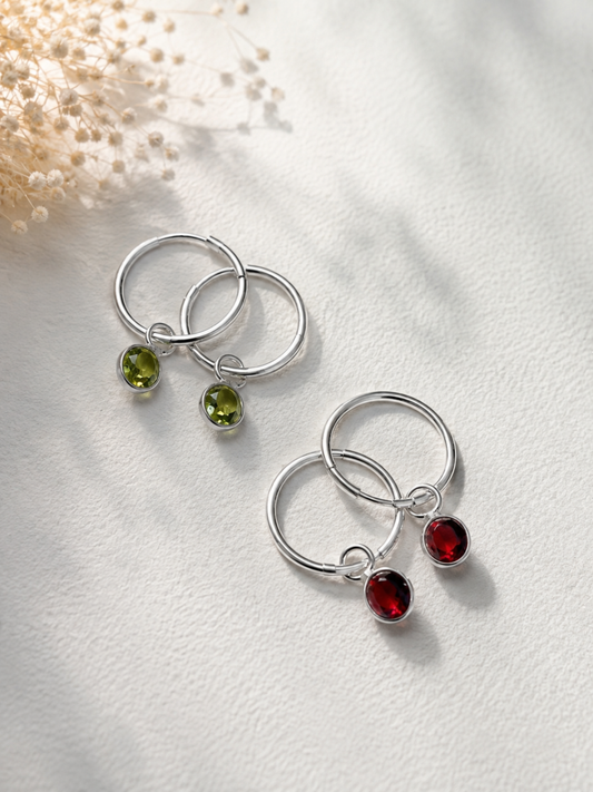 Round Gemstone Charm Hoop Earrings in 925 Silver