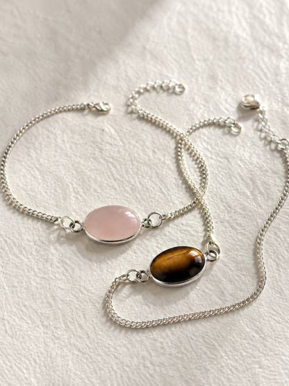 Natural Gemstone Oval Bracelet in 925 Sterling Silver – Tiger's Eye or Rose Quartz
