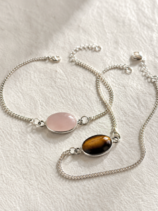 Natural Gemstone Oval Bracelet in 925 Sterling Silver – Tiger's Eye or Rose Quartz