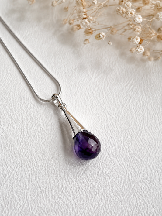 Faceted Amethyst Drop Pendant in 925 Sterling Silver