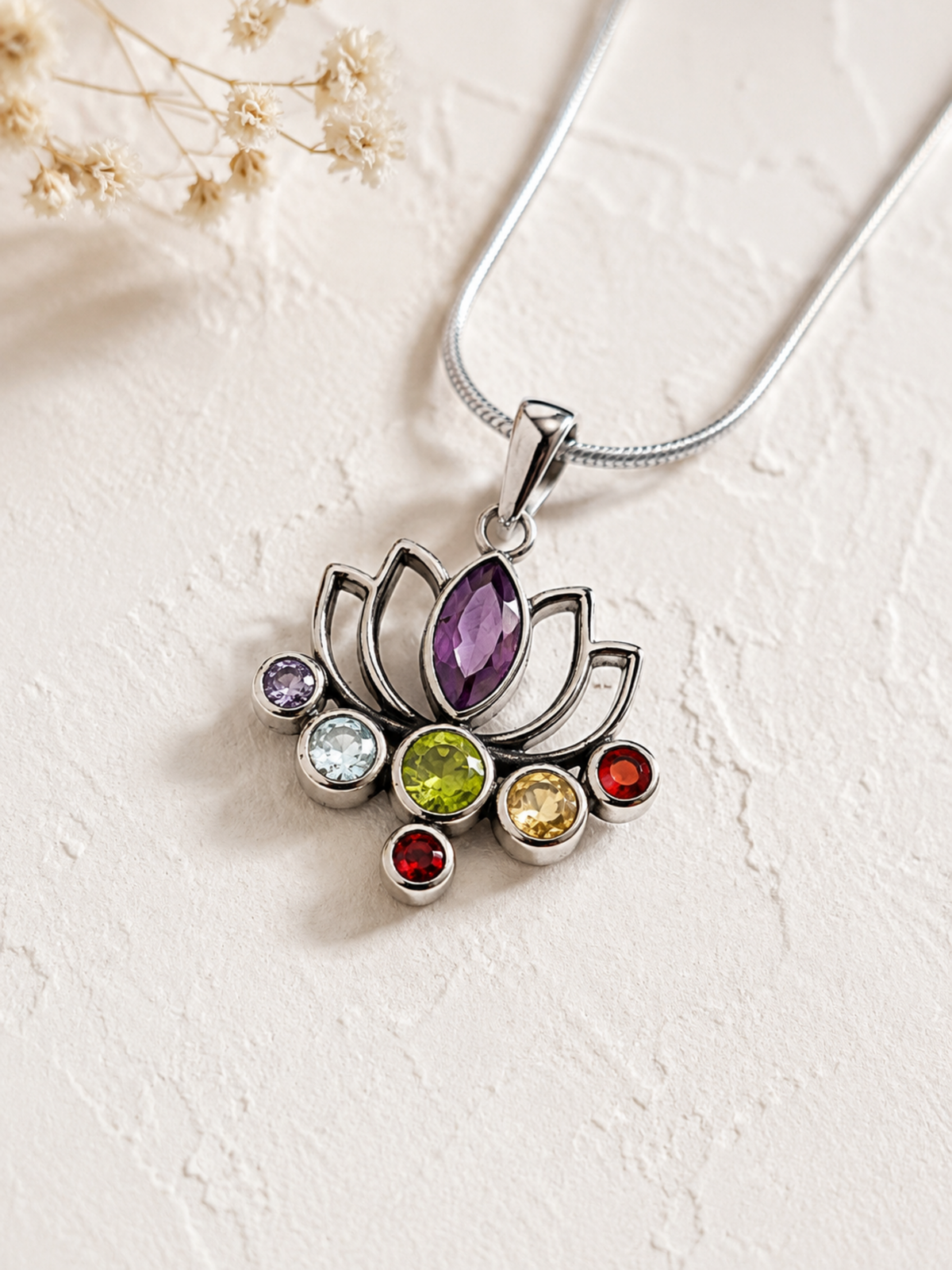 Seven Chakra Lotus Pendant in 925 Sterling Silver