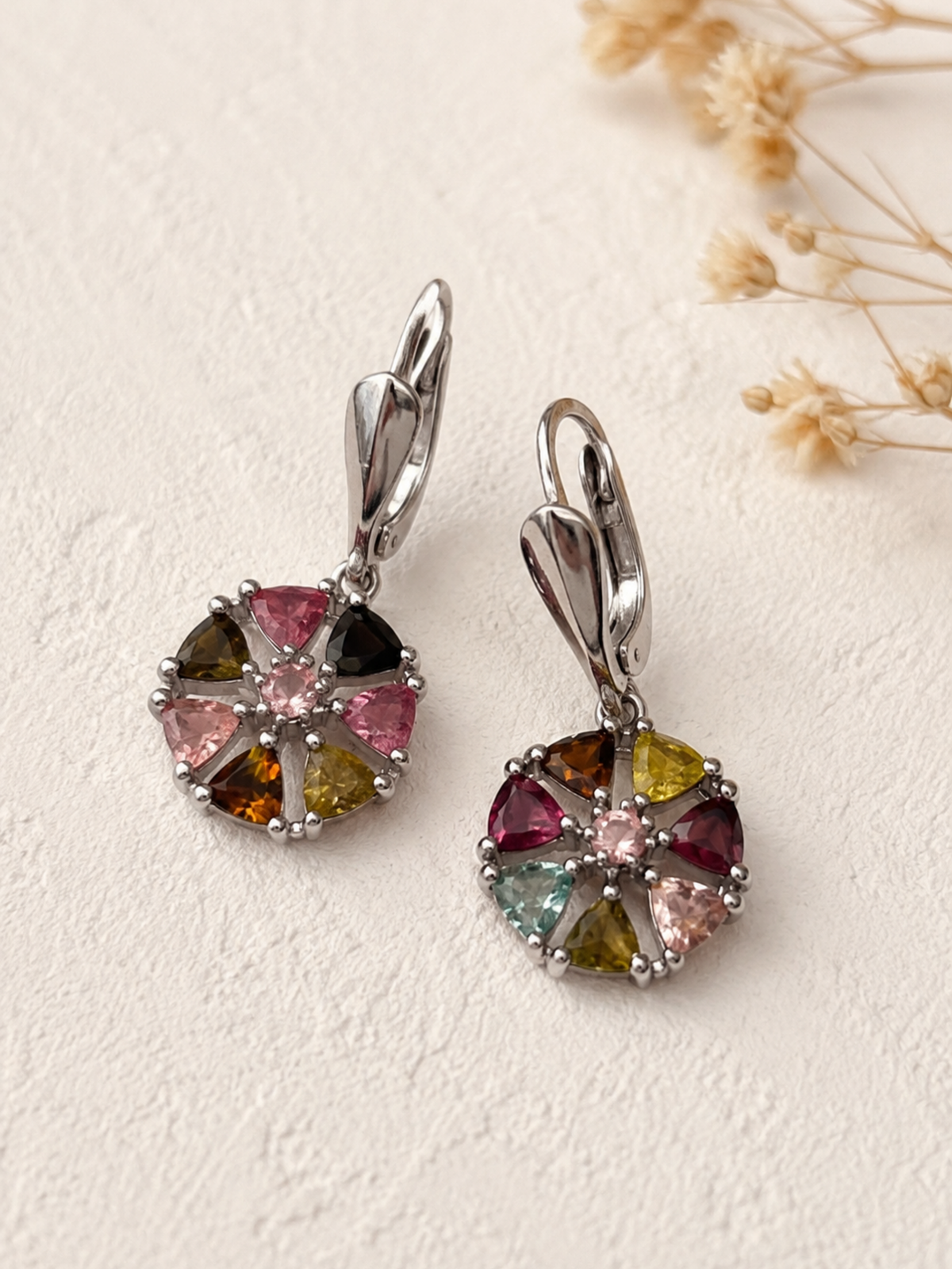 Rainbow Tourmaline Floral Dangle Earrings in 925 Silver