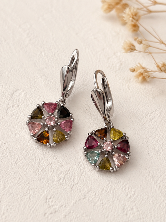 Rainbow Tourmaline Floral Dangle Earrings in 925 Silver
