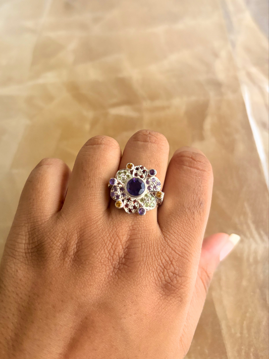 Multicolor Gemstone Floral Statement Ring in 925 Sterling Silver • Amethyst Citrine Garnet Peridot Ring • Handmade Cocktail Ring