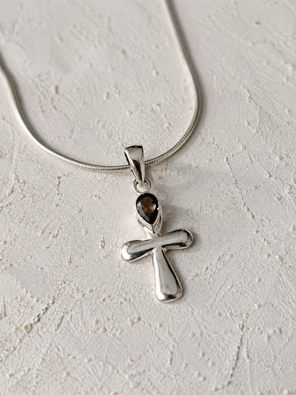Smoky Topaz Cross Pendant in 925 Sterling Silver