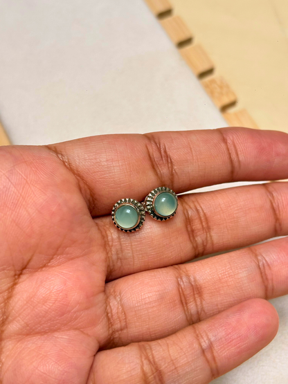 Blue Chalcedony Rope Halo Stud Earrings in 925 Silver