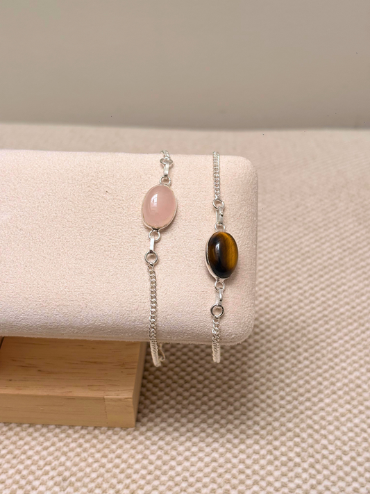 Natural Gemstone Oval Bracelet in 925 Sterling Silver – Tiger's Eye or Rose Quartz