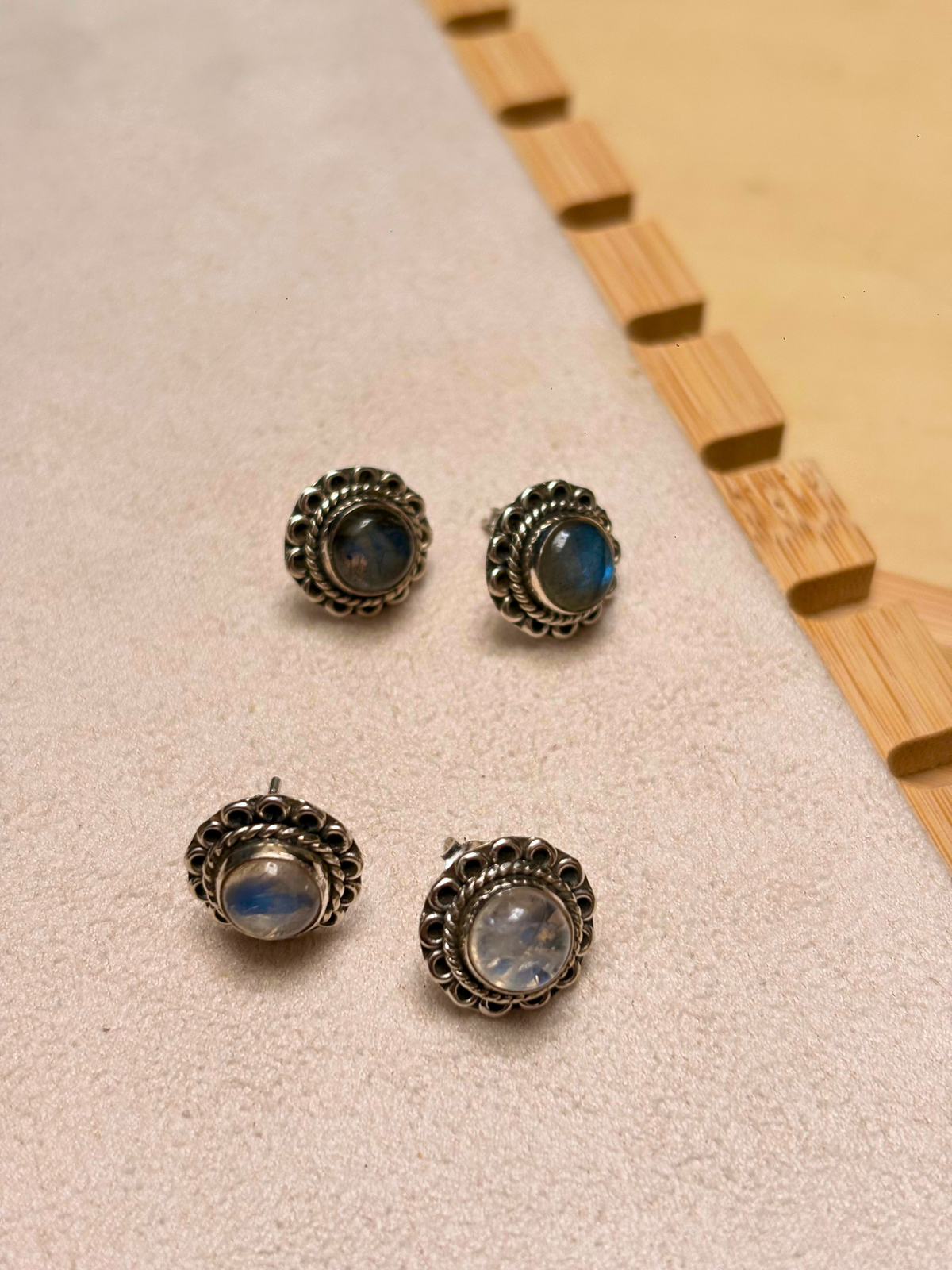 Ornate Labradorite & Rainbow Moonstone Stud Earrings in 925 Silver