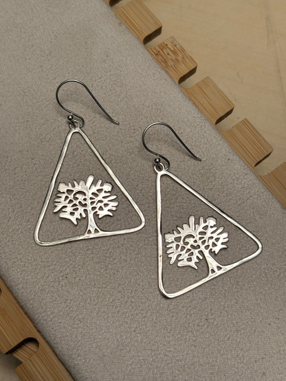 Tree of Life Triangle Dangle Earrings in 925 Silver