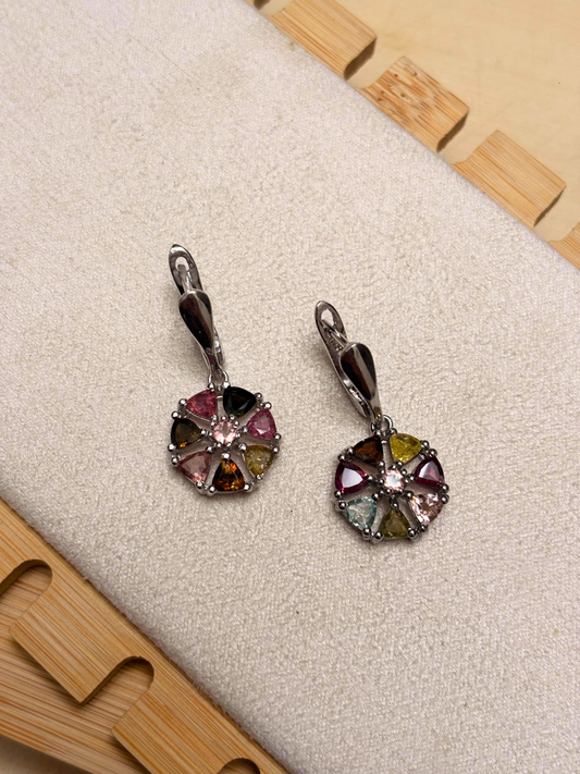 Rainbow Tourmaline Floral Dangle Earrings in 925 Silver