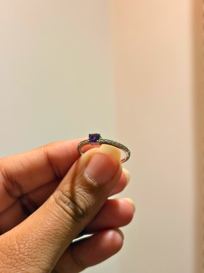 Amethyst & White CZ Square Ring in 925 Sterling Silver | Two Tone Geometric Gemstone Ring
