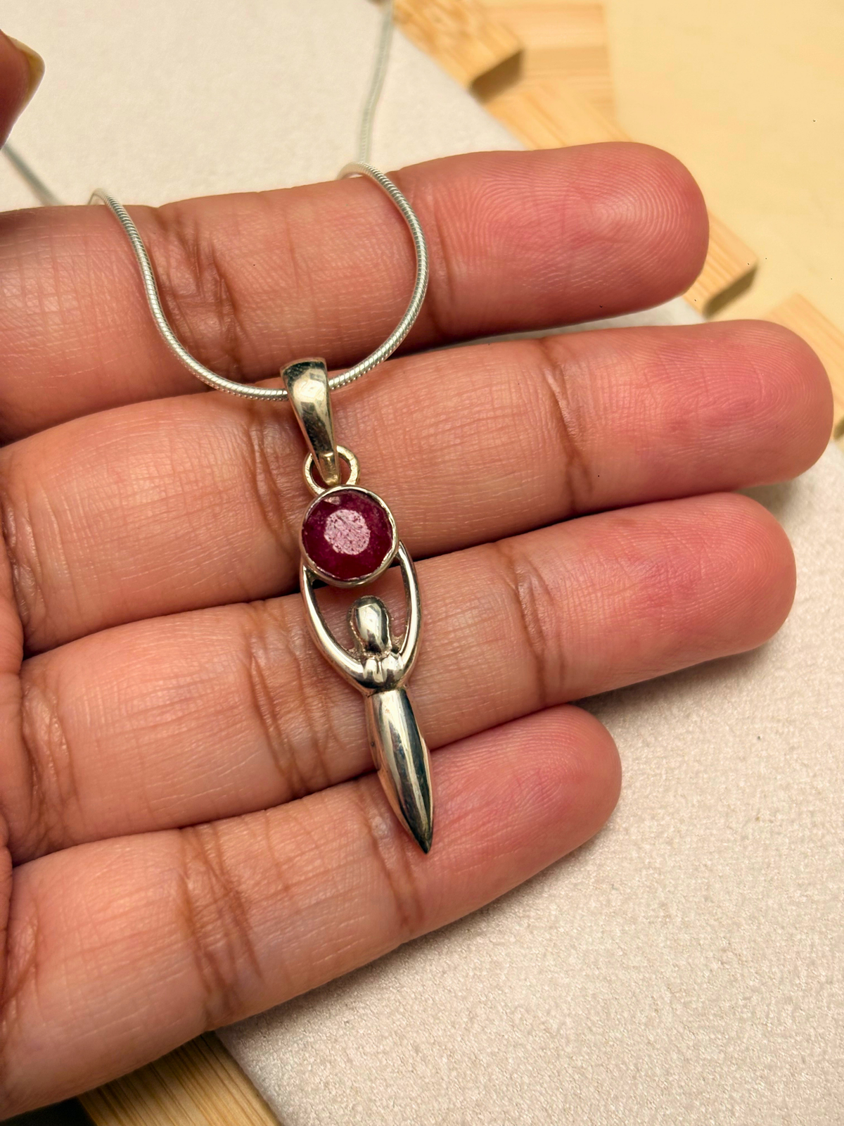Red Corundum Goddess Pendant in 925 Sterling Silver