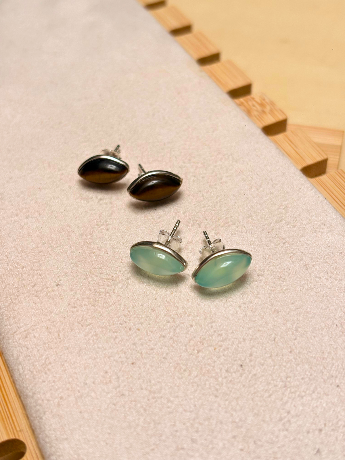 Oval Cabochon Gemstone Stud Earrings in 925 Silver