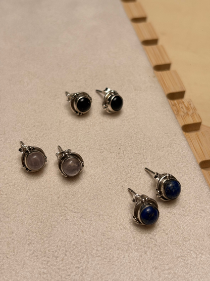 Ornate Round Gemstone Stud Earrings in 925 Silver