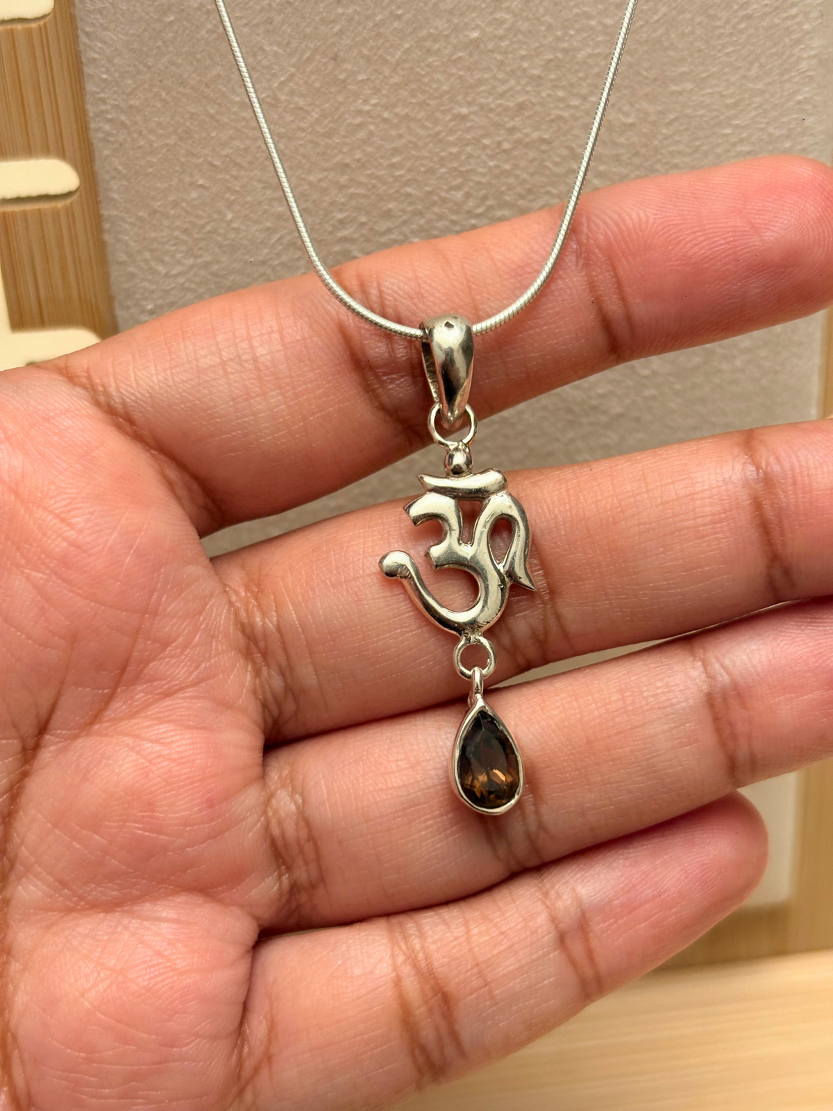 Smoky Topaz Om Pendant in 925 Sterling Silver