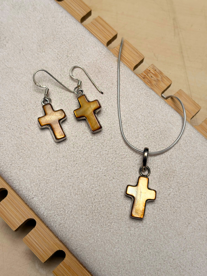 Golden Shell Cross 925 Silver Pendant & Earring Set