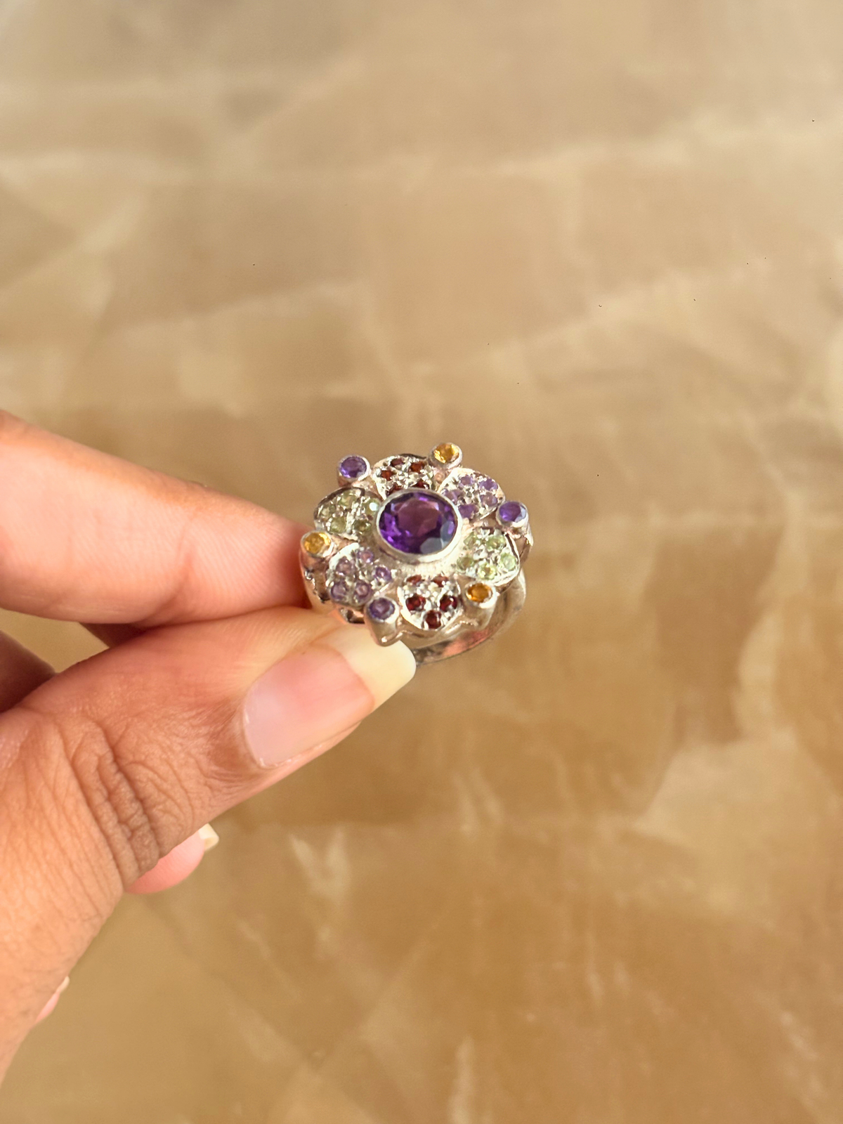 Multicolor Gemstone Floral Statement Ring in 925 Sterling Silver • Amethyst Citrine Garnet Peridot Ring • Handmade Cocktail Ring