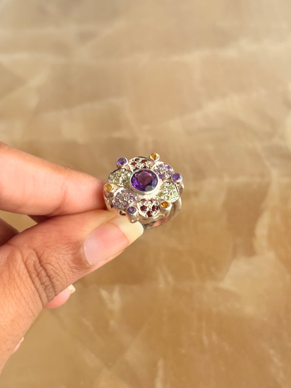 Multicolor Gemstone Floral Statement Ring in 925 Sterling Silver • Amethyst Citrine Garnet Peridot Ring • Handmade Cocktail Ring
