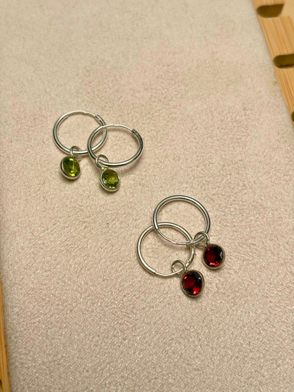 Round Gemstone Charm Hoop Earrings in 925 Silver