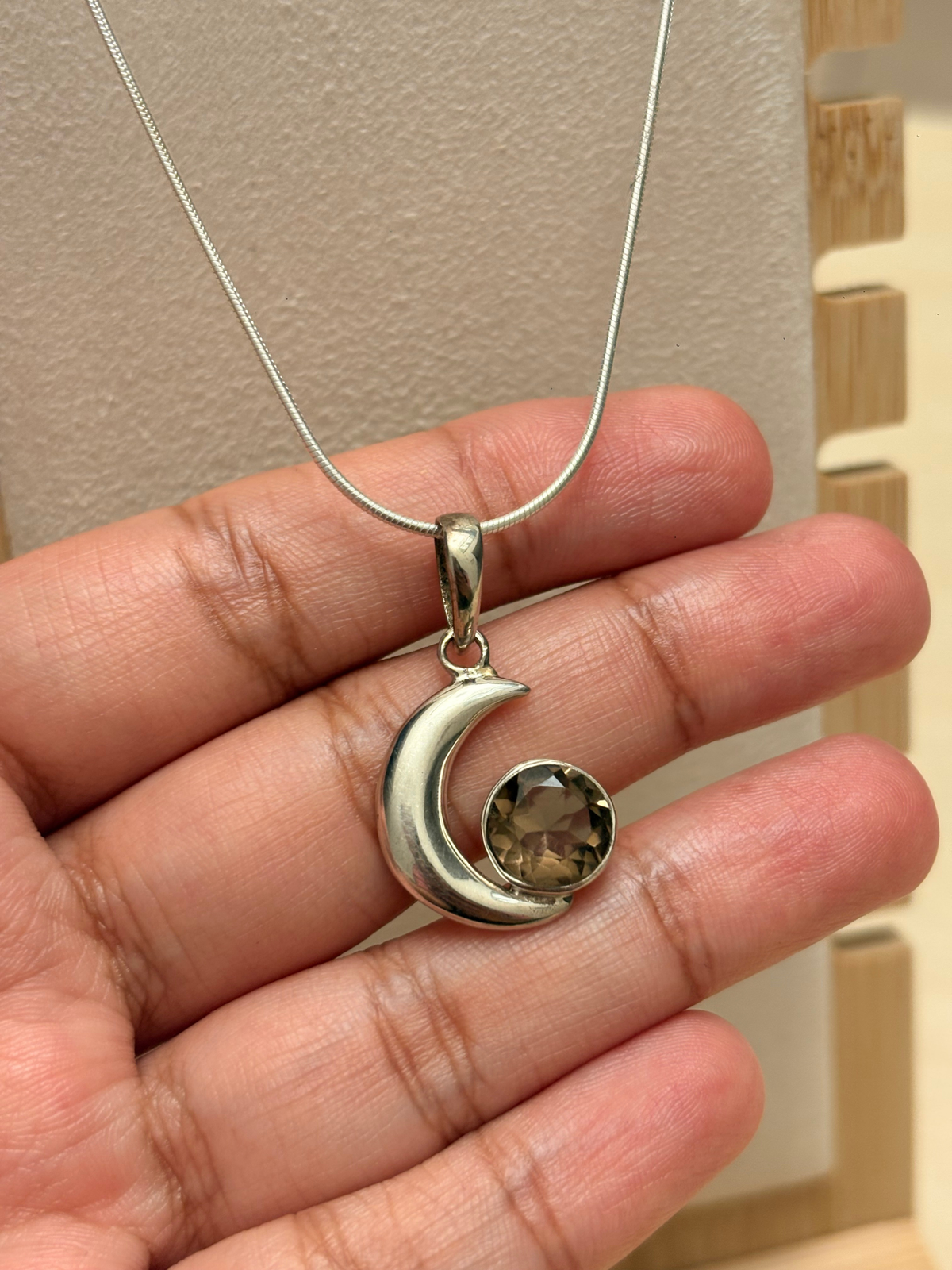 Smoky Topaz Crescent Moon Pendant in 925 Sterling Silver