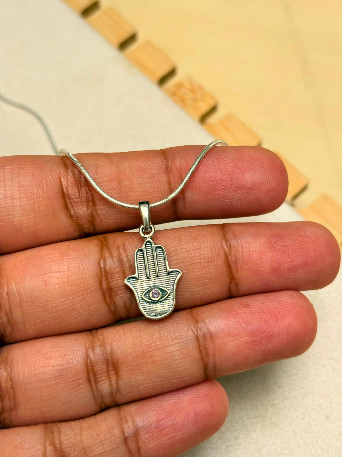 Amethyst Hamsa Hand Pendant in 925 Sterling Silver