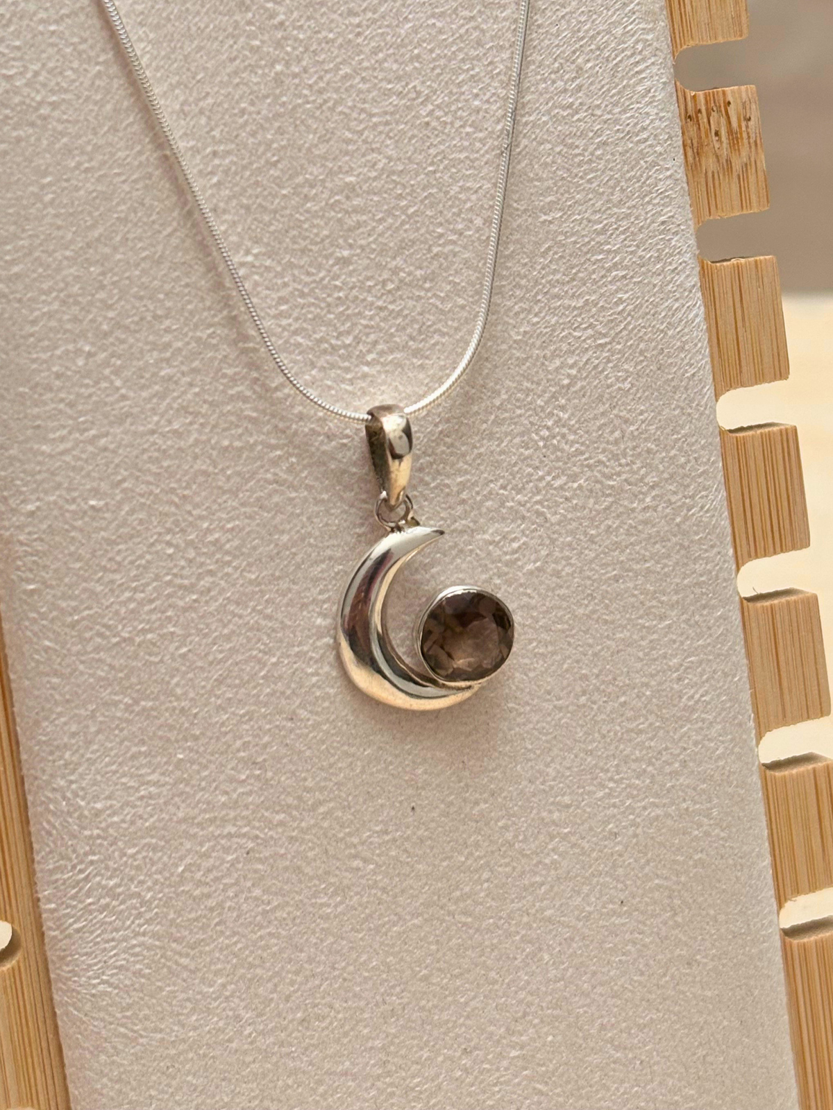 Smoky Topaz Crescent Moon Pendant in 925 Sterling Silver