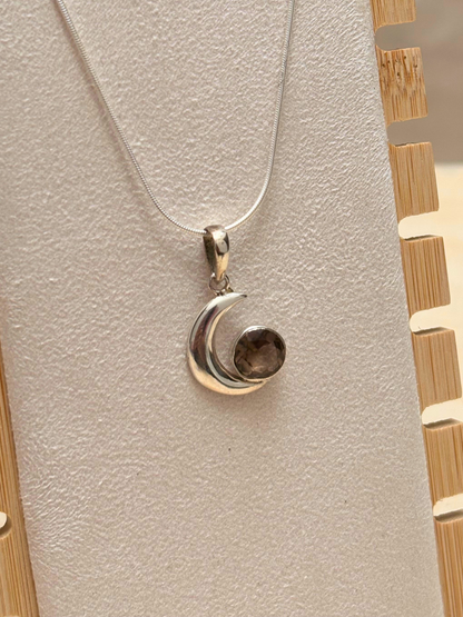 Smoky Topaz Crescent Moon Pendant in 925 Sterling Silver
