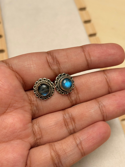 Ornate Labradorite & Rainbow Moonstone Stud Earrings in 925 Silver
