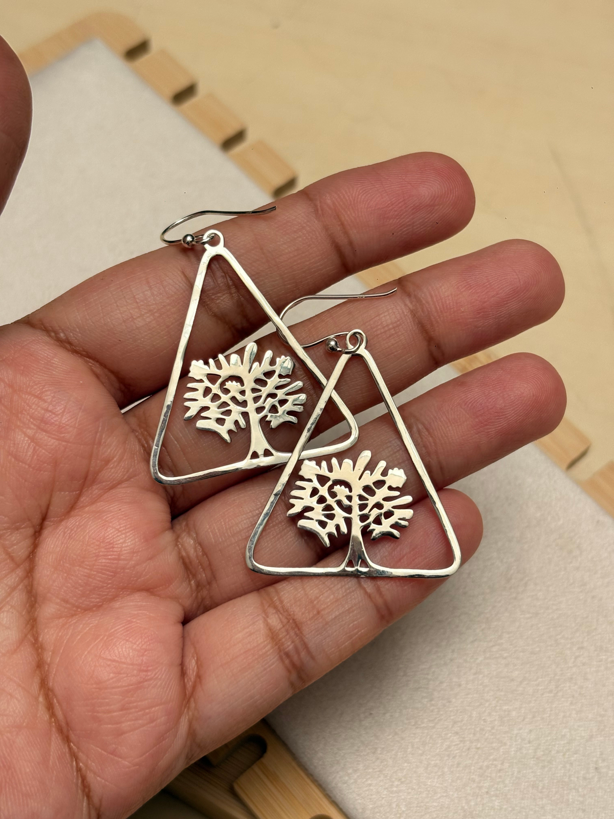 Tree of Life Triangle Dangle Earrings in 925 Silver