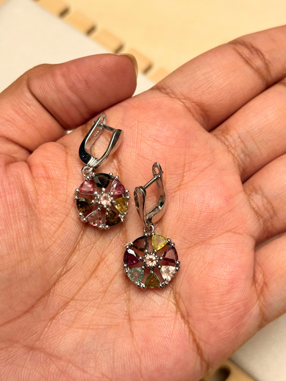 Rainbow Tourmaline Floral Dangle Earrings in 925 Silver